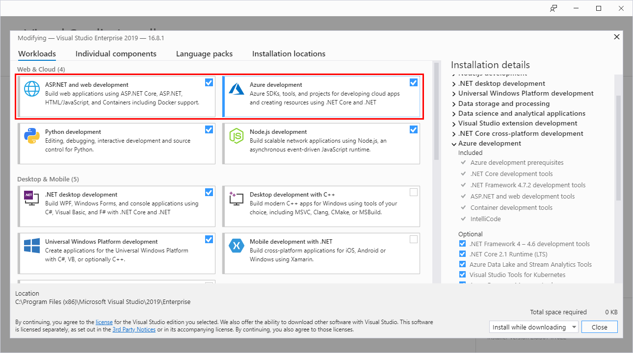 Zrzut ekranu przedstawiający instalatora programu Visual Studio z wybranymi pakietami projektowymi platformy Azure i ASP.NET oraz pakietami roboczymi tworzenia aplikacji internetowych