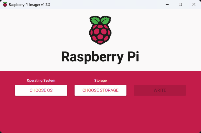 Animowany plik GIF przedstawiający narzędzie Raspberry Pi Imager. Użytkownik wybiera pozycję 