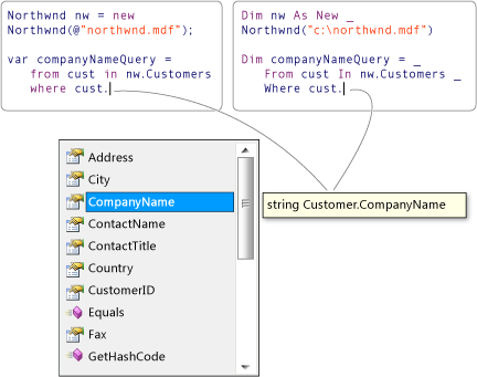 Diagram przedstawiający zapytanie LINQ z funkcją IntelliSense.