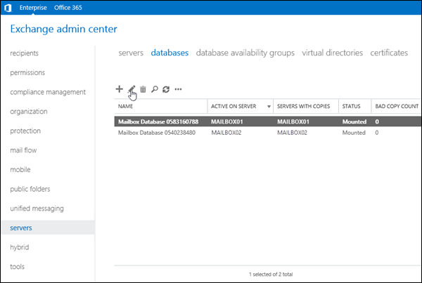 In the EAC, go to Servers > Databases, select the database, and click Edit.