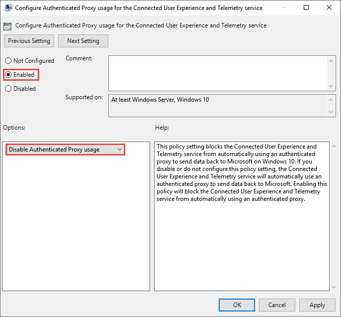 Screenshot of Group Policy setting to disable authenticated proxy usage for the Connected User Experience and Telemetry Service.