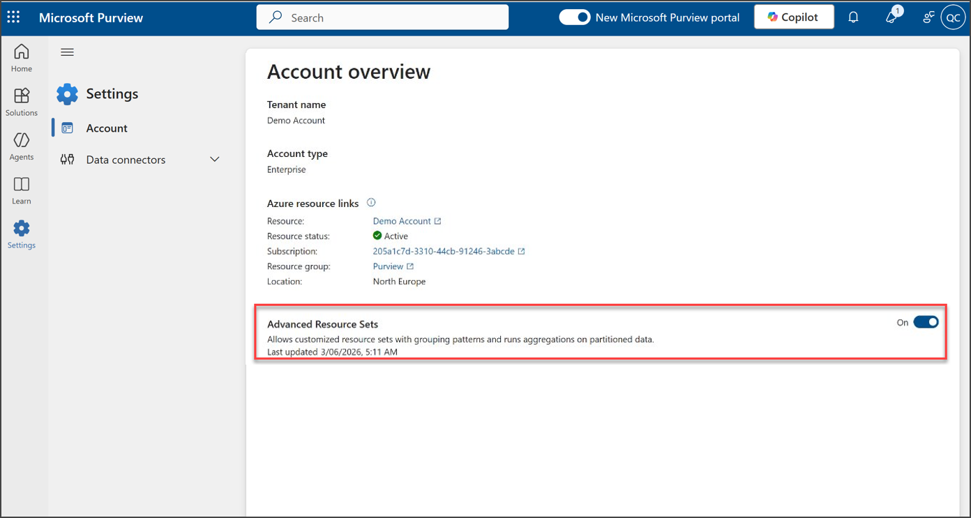 Turn on advanced resource sets in Microsoft Purview settings.