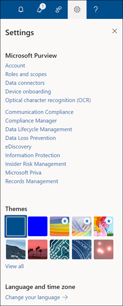 Screenshot of the Microsoft Purview portal settings pane showing centralized options for themes, language, time zone, password, and contact preferences.