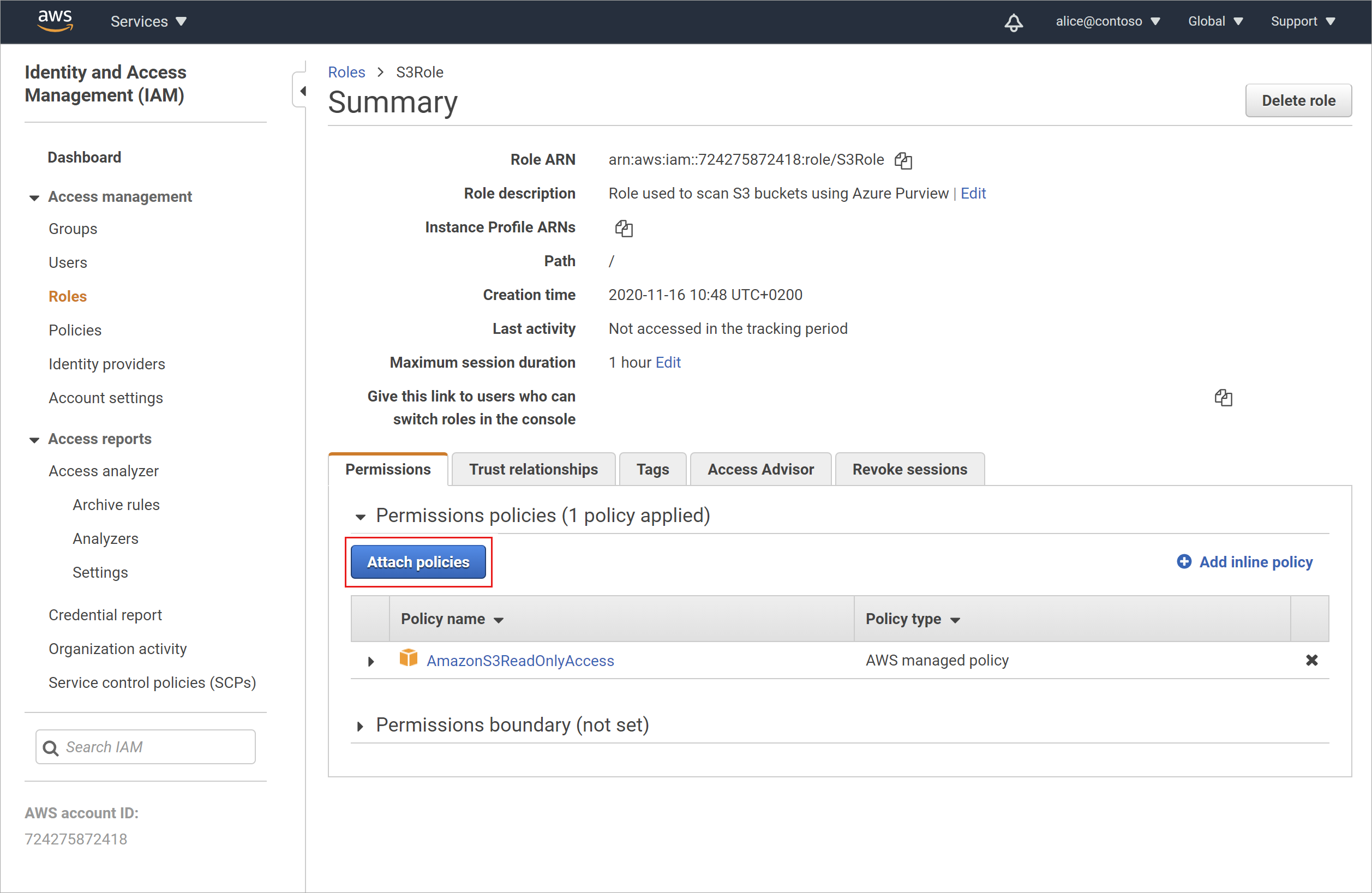 On your role's Permissions tab, select Attach policies.