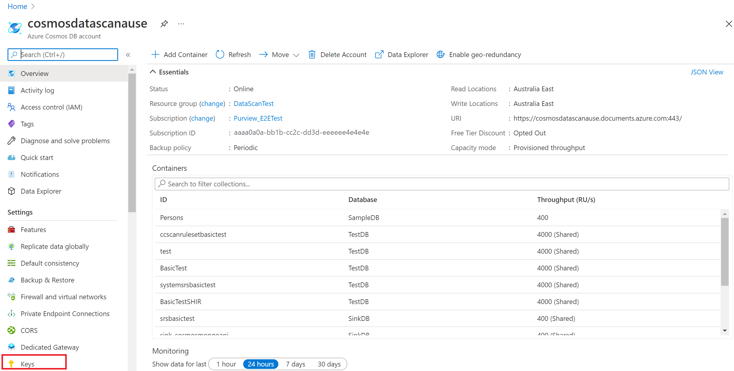 Screenshot that shows the access keys in the storage account