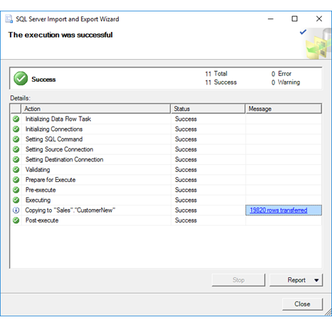 Zrzut ekranu przedstawiający stronę Powodzenie Kreatora importu i eksportu.
