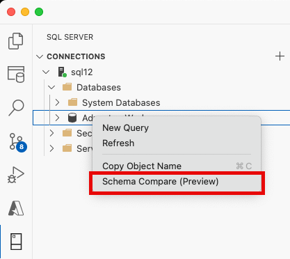 Zrzut ekranu przedstawiający element menu porównanie schematów w Eksploratorze obiektów programu Visual Studio Code.