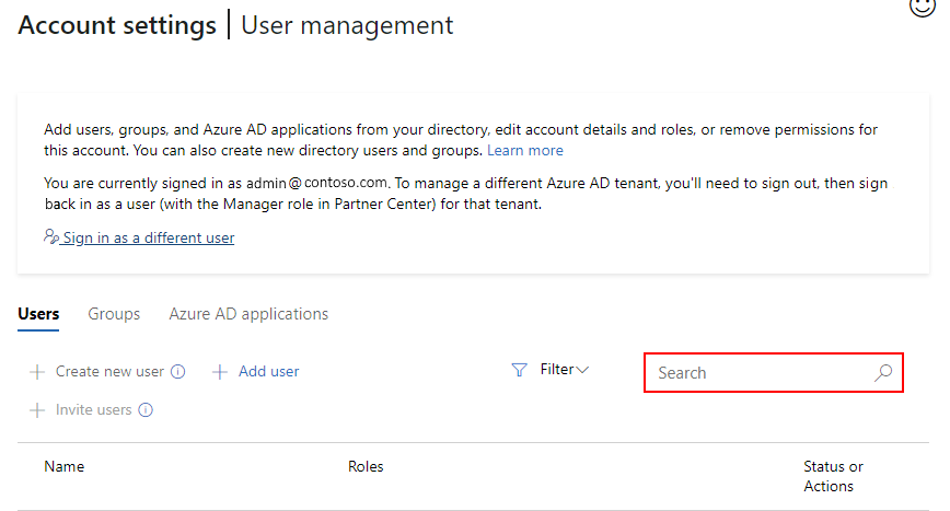 Zrzut ekranu przedstawiający pole wprowadzania wyszukiwania w celu znalezienia użytkownika.