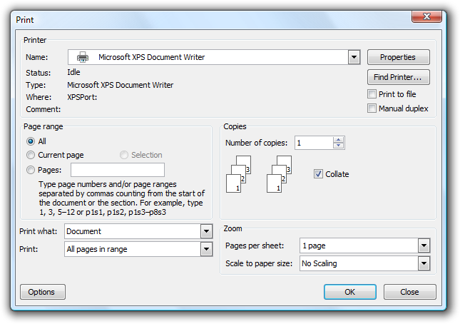 screen shot of print dialog box