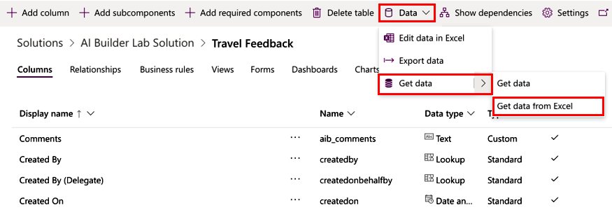 Zrzut ekranu ekranu Travel Feedback z opcją importu w celu uzyskania danych z programu Excel.