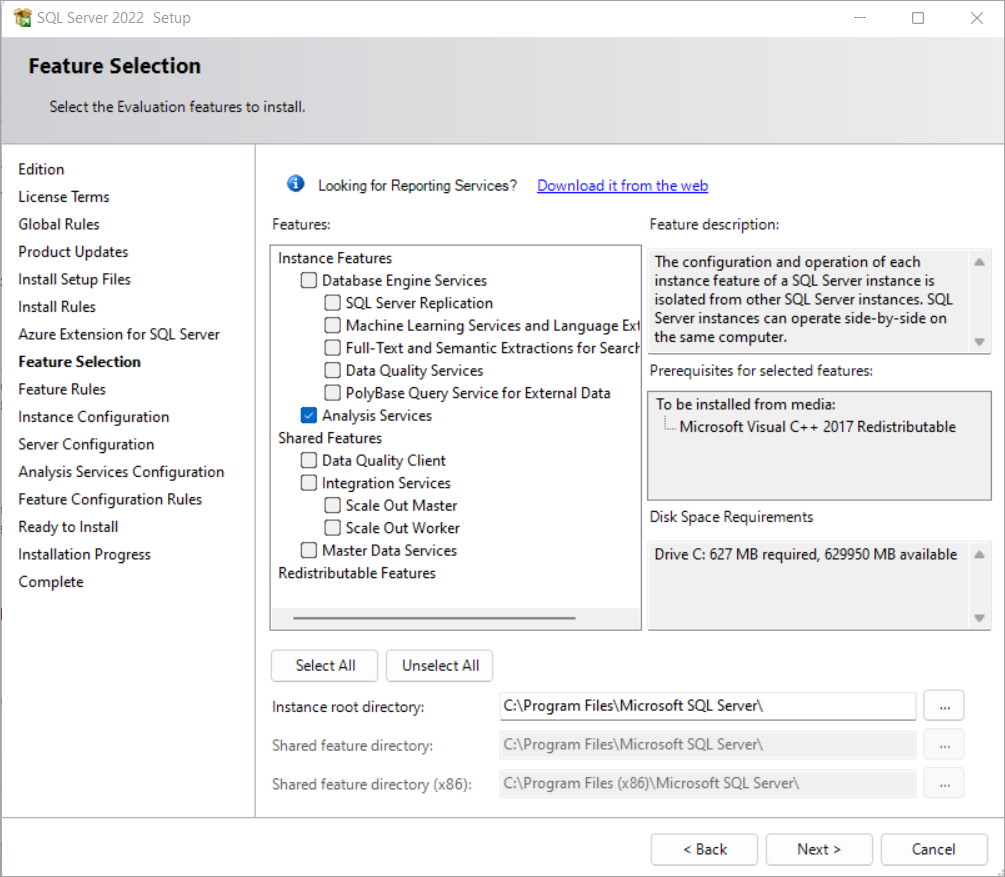 Setup feature tree showing Analysis Services