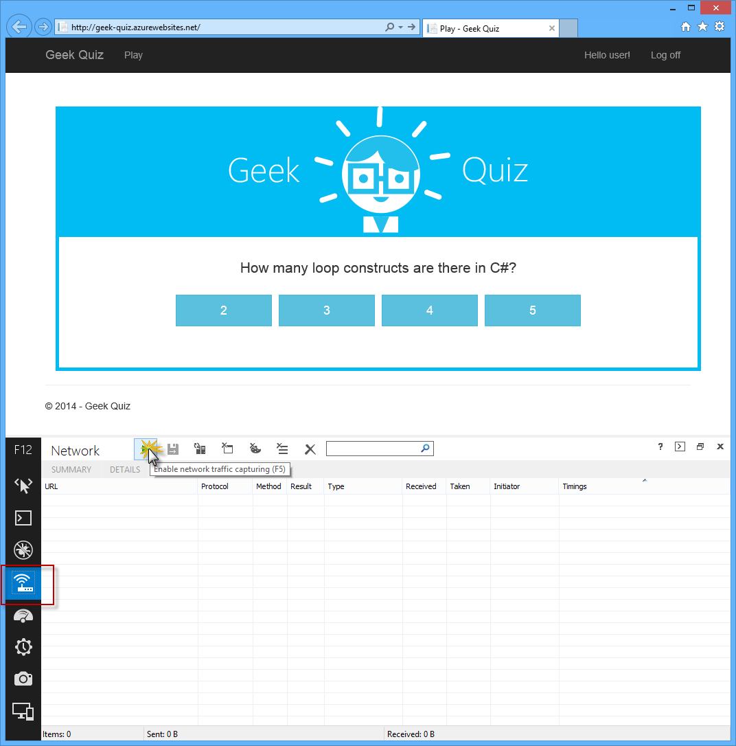 Zrzut ekranu przedstawia grecką aplikację internetową Quiz z wskaźnikiem, wybierając pozycję Włącz przechwytywanie ruchu sieciowego w ramach weryfikacji procedury skalowania.