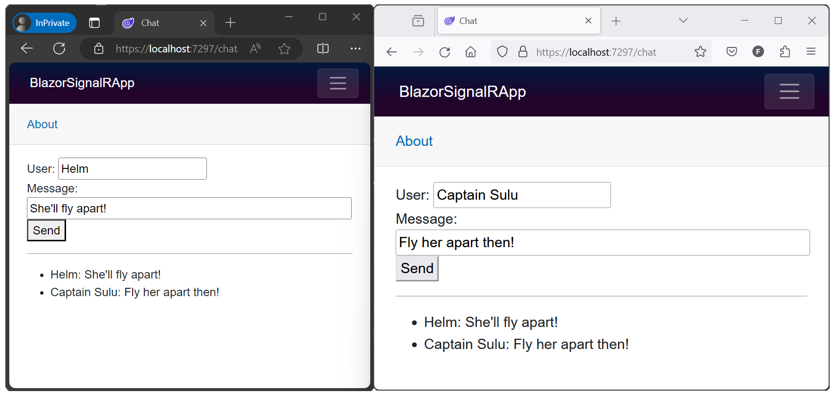 SignalRBlazor Przykładowa aplikacja otwarta w dwóch oknach przeglądarki przedstawiających wymieniane komunikaty.