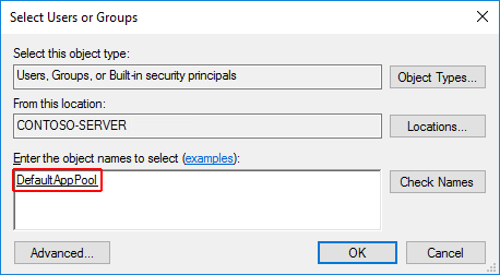 Okno dialogowe Wybieranie użytkowników lub grup dla folderu aplikacji: po wybraniu pozycji „Sprawdź nazwy” nazwa obiektu „DefaultAppPool” jest wyświetlana w obszarze nazw obiektów.