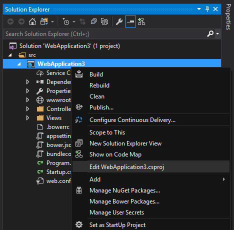 Opcja edytowania CSPROJ w menu kontekstowym programu Visual Studio 2017
