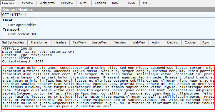 Okno programu Fiddler przedstawiające wynik żądania bez nagłówka Accept-Encoding. Odpowiedź nie jest kompresowana.