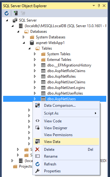 Menu kontekstowe w tabeli AspNetUsers w programie SQL Server Eksplorator obiektów