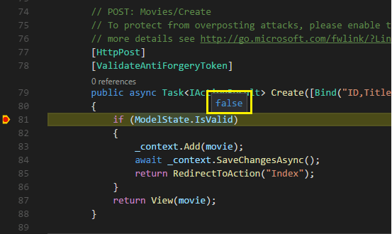 Podczas debugowania wpisu nieprawidłowych danych funkcja Intellisense w kolumnie ModelState.IsValid pokazuje, że wartość jest fałsz.