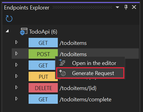 Menu kontekstowe Eksploratora punktów końcowych z wyróżnionym elementem menu Generowanie żądania.