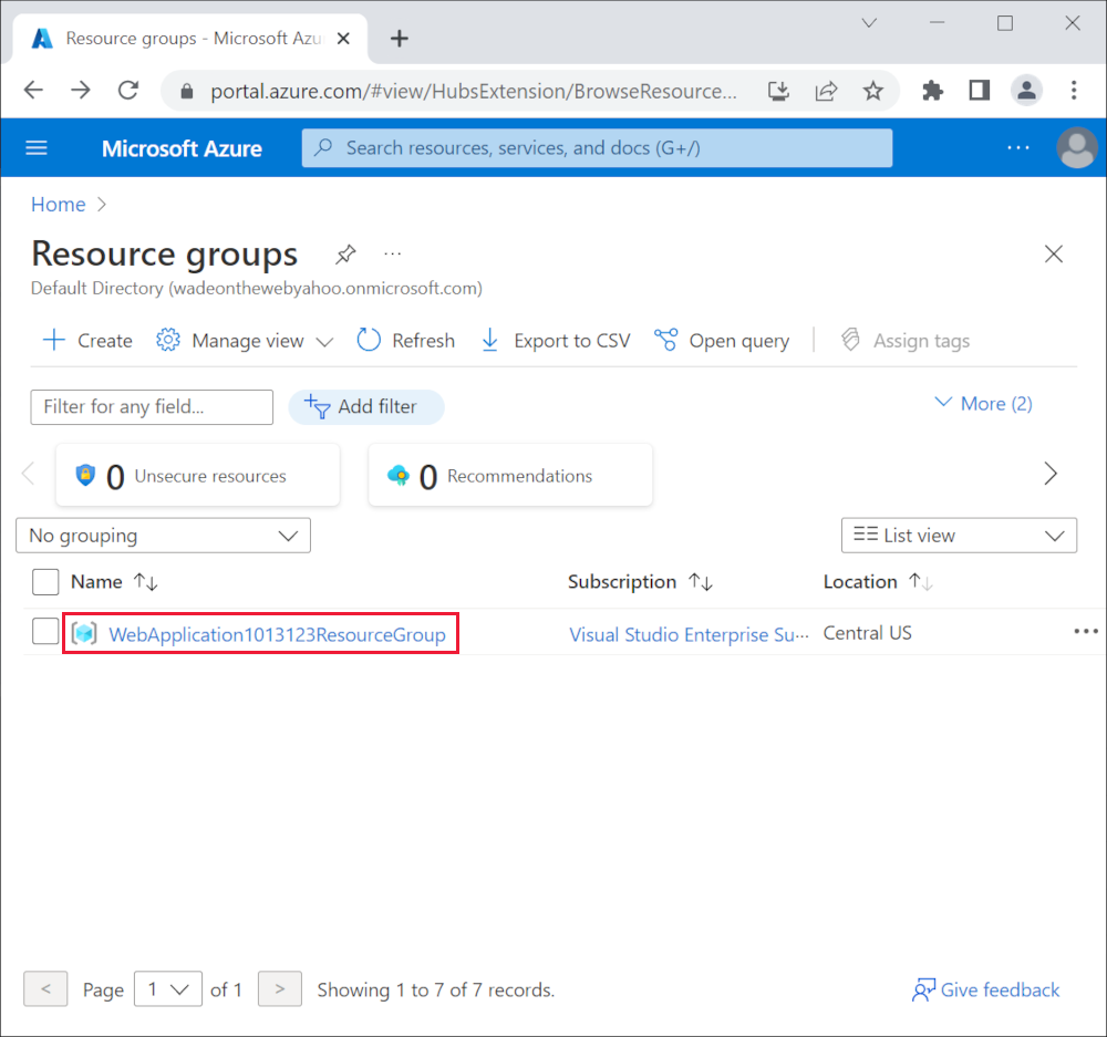 Azure Portal: Resource Groups in sidebar menu