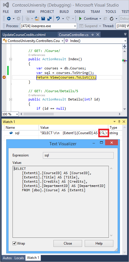 Jeden zrzut ekranu przedstawiający kontroler kursu z wyróżnionym wierszem kodu. Inny zrzut ekranu przedstawiający otwarty wizualizator tekstu, a lupa jest zakreślona na czerwono w polu Wartość.