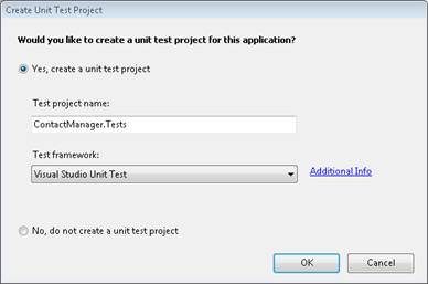 Zrzut ekranu przedstawiający okno dialogowe Tworzenie projektu testów jednostkowych.