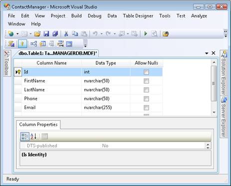 Zrzut ekranu przedstawia Projektant tabeli bazy danych.