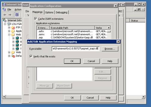 Zrzut ekranu przedstawiający okno Internet Information Services 6 punkt 0, w którym jest wyświetlane okno dialogowe Dodawanie mapowania rozszerzeń aplikacji edycji ukośnika.