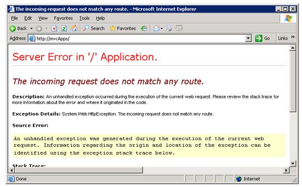 Zrzut ekranu przedstawiający okno programu Microsoft Internet Explorer, które pokazuje błąd braku trasy głównej: Żądanie przychodzące nie jest zgodne z żadną trasą.