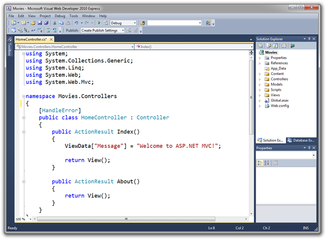 Zrzut ekranu przedstawiający okno Microsoft Visual Web Developer 2010 Express, które pokazuje, że nowy plik Home Controller dot c s jest otwarty w edytorze kodu.