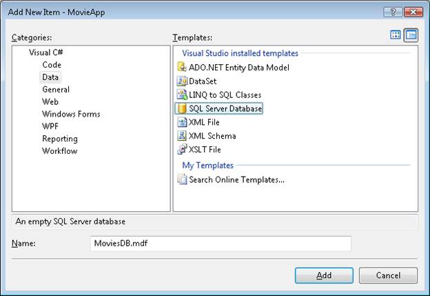 Zrzut ekranu przedstawiający okno Dodawanie nowego elementu, które pokazuje, SQL Server Baza danych jest zaznaczona, a w polu Nazwa zostanie wprowadzona pozycja Filmy DB dot m d f.