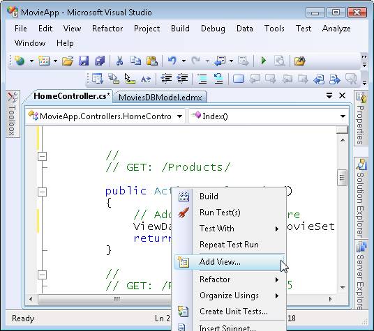 Zrzut ekranu edytora kodu, który pokazuje prawym przyciskiem myszy pole listy rozwijanej z wybraną pozycją Dodaj widok.