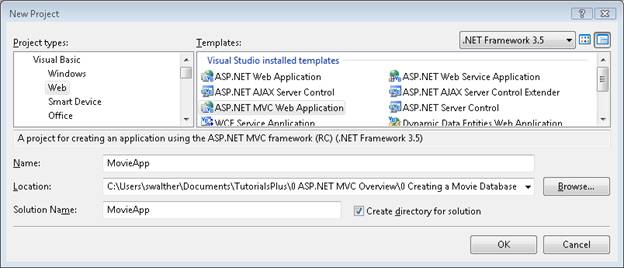 Zrzut ekranu przedstawiający okno dialogowe Nowy projekt z wyświetloną pozycją ASP dot Net MVC Web Application szablon jest zaznaczony i Aplikacja filmowa w polu Nazwa.