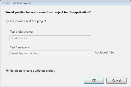 Zrzut ekranu przedstawiający tworzenie projektu testów jednostkowych, który jest wyświetlany jako Nie, nie twórz wybranego projektu testu jednostkowego.