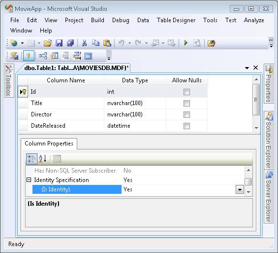 Zrzut ekranu programu Microsoft Visual Studio przedstawiający ukończoną tabelę bazy danych Filmy i właściwość Is Identity ustawioną na Wartość Tak.