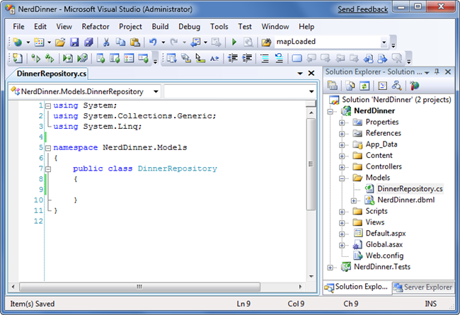 Zrzut ekranu przedstawiający folder Models. Wyróżniono pozycję Dodaj nowy element.