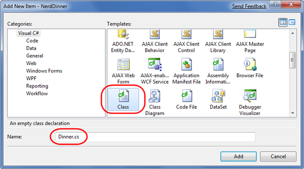 Zrzut ekranu przedstawiający folder Models. Wybrano pozycję Dodaj nowy element. Kolacja dot c s jest zapisywana w oknie dialogowym Dodawanie nowego elementu.