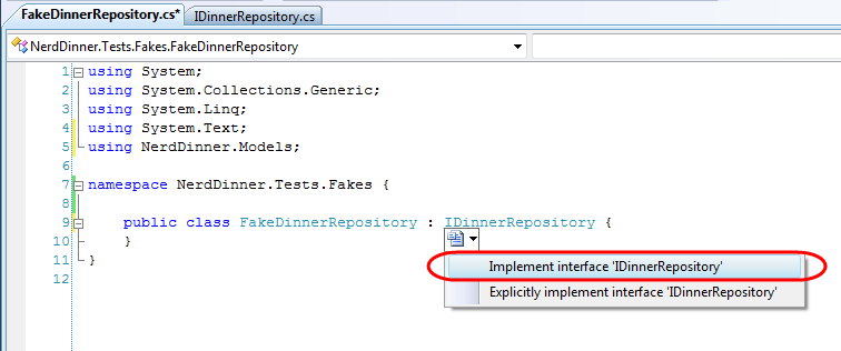 Zrzut ekranu przedstawiający polecenie menu kontekstowego Implementuj interfejs I Dinner Repository.