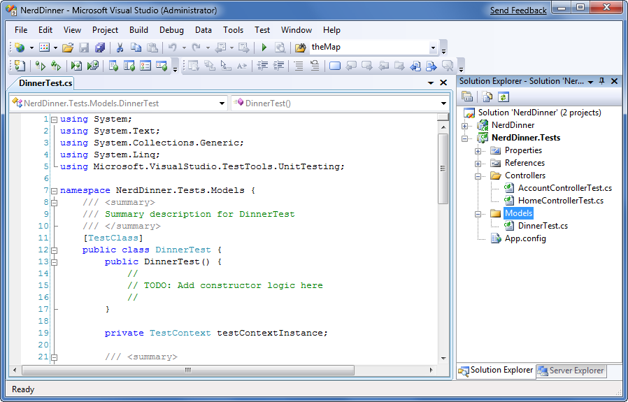 Zrzut ekranu przedstawiający plik Dinner Test dot c s w programie Visual Studio.