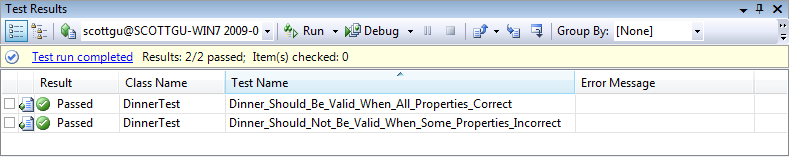 Zrzut ekranu przedstawiający okno Wyniki testu w programie Visual Studio. Wyniki przebiegu testu znajdują się na liście.