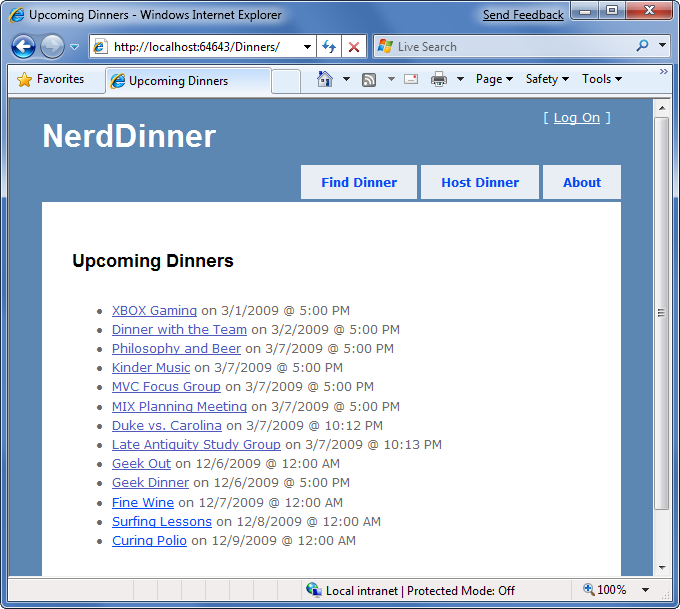 Zrzut ekranu przedstawiający stronę listy Nerd Dinner Upcoming Dinner (Zbliżająca się kolacja).