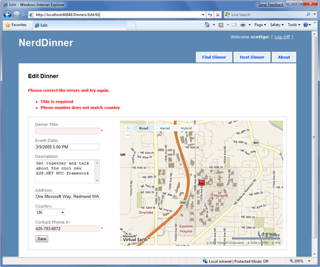 Zrzut ekranu przedstawiający stronę aplikacji Nerd Dinner. Zostanie wyświetlona strona Edytowanie kolacji.