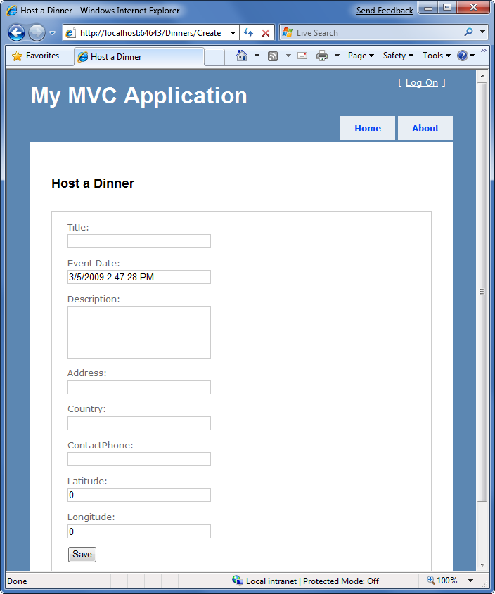 Zrzut ekranu przedstawiający implementację tworzenia akcji podczas uruchamiania aplikacji i uzyskiwania dostępu do kolacji U R L.