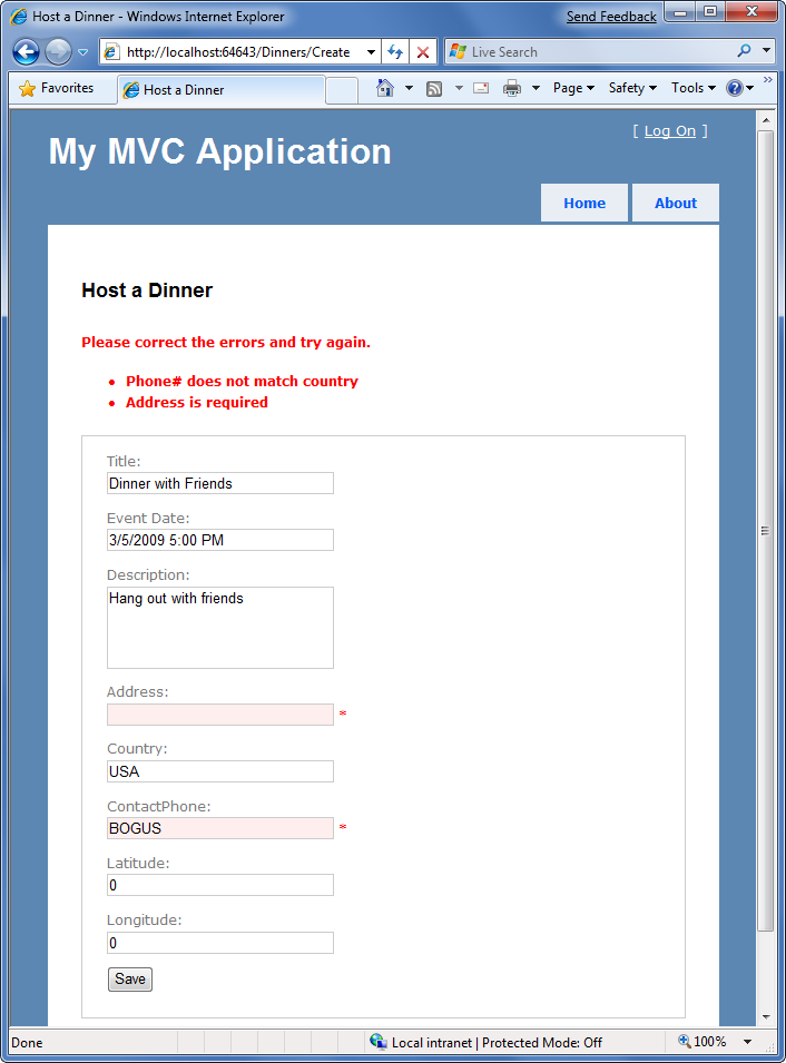 Zrzut ekranu przedstawiający formularz odtwarzany z wyróżnionymi błędami.