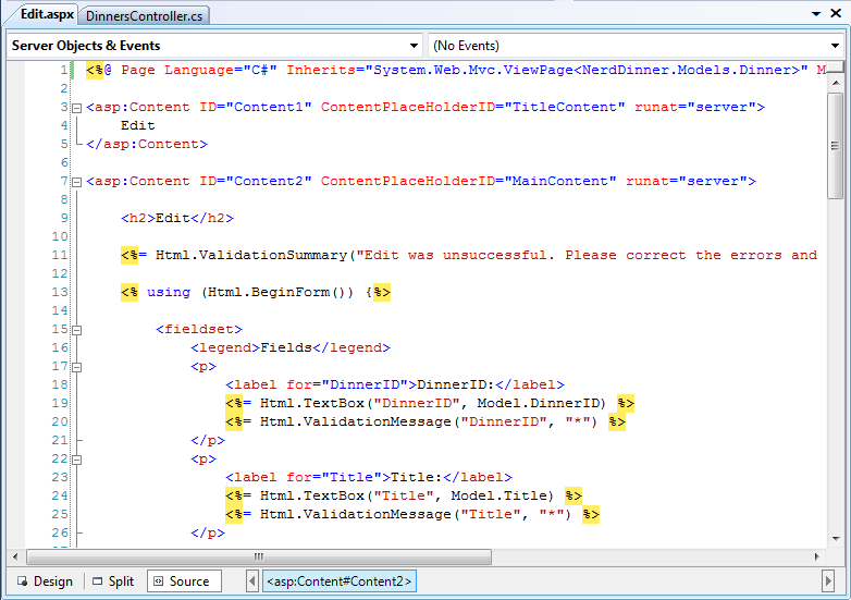 Zrzut ekranu przedstawiający nowy szablon Widoku edycji w edytorze kodu.