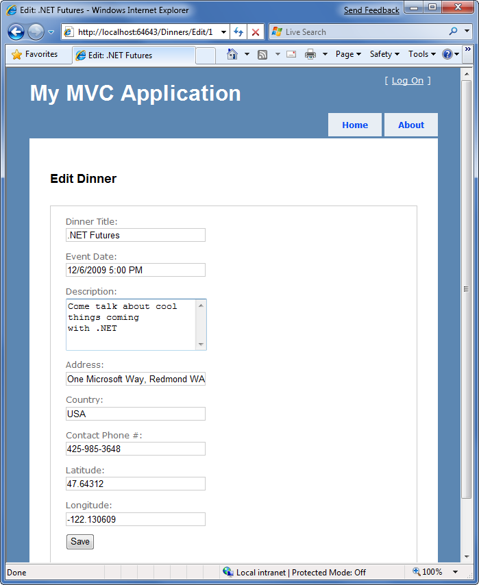 Zrzut ekranu przedstawiający stronę My M V C Application (Moja aplikacja języka C W języku M).