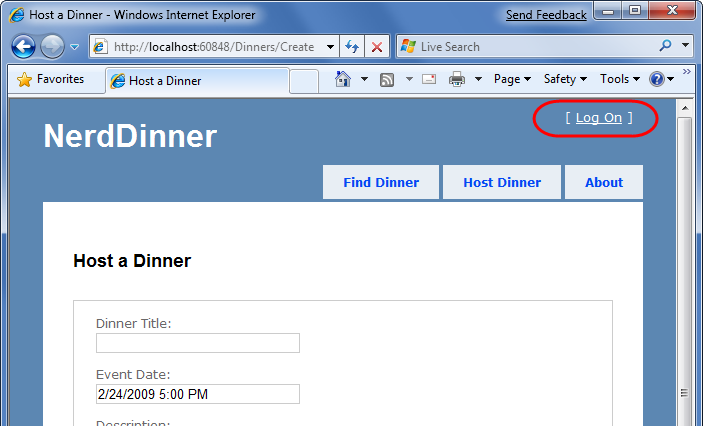 Zrzut ekranu przedstawiający stronę Nerd Dinner Host a Dinner (Gospodarz kolacji). Logowanie zostało wyróżnione w prawym górnym rogu.