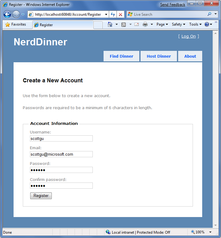 Zrzut ekranu przedstawiający stronę Nerd Dinner Create a New Account (Tworzenie nowego konta).
