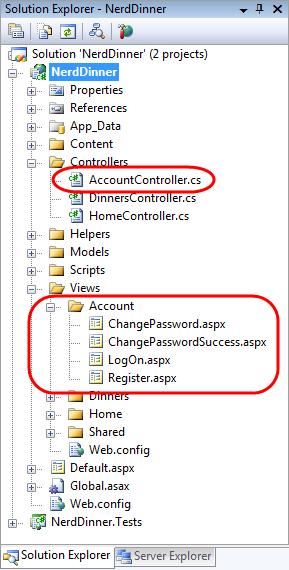 Zrzut ekranu przedstawiający drzewo nawigacji po kolacji w witrynie Nerd. Kontroler konta dot c s jest wyróżniony. Elementy folderu konta i menu są również wyróżnione.