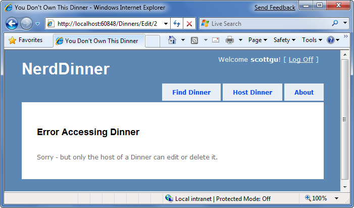 Zrzut ekranu przedstawiający komunikat o błędzie na stronie internetowej Nerd Dinner.